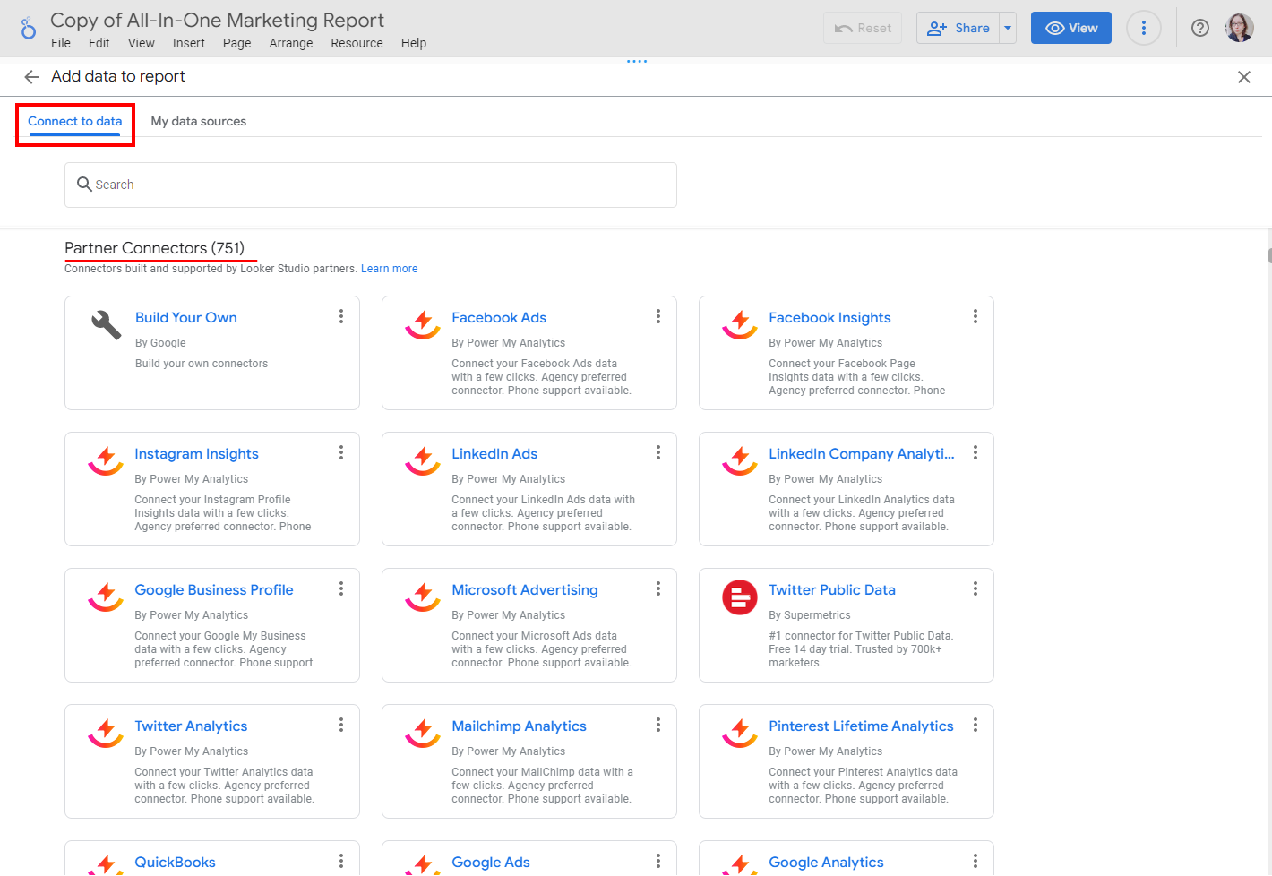 The configuration page for adding a new data source, with Partner Connectors listed under Connect to data.