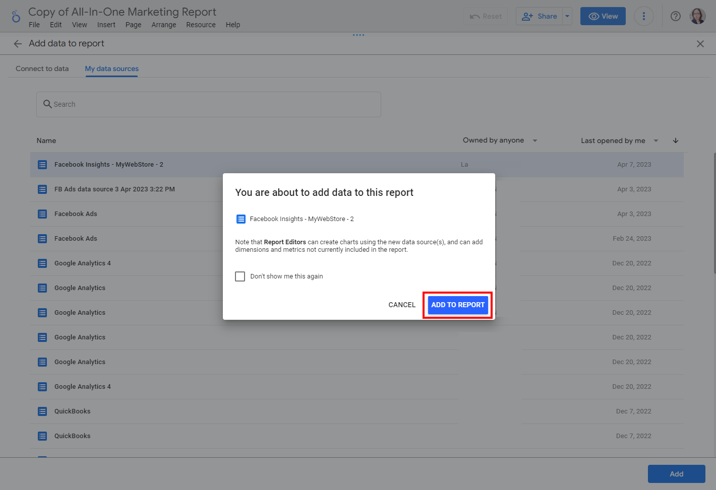 The dialog box to confirm you want to add the data source to your report.