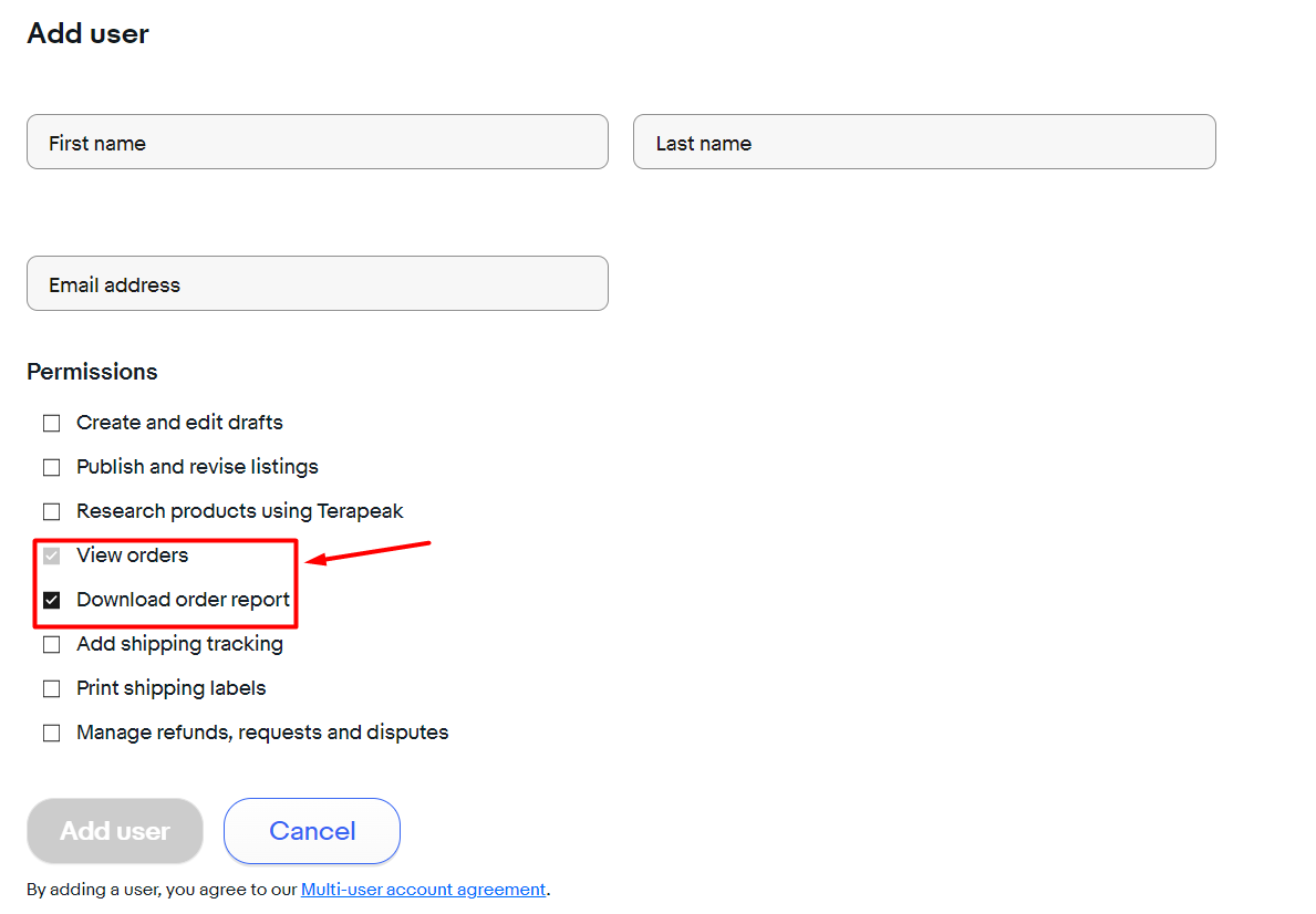 The settings page to add a user in your eBay Seller account configuration.