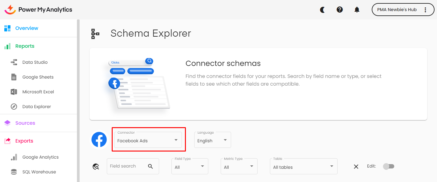 The Schema Explorer in the PMA hub with a menu to select the connector.