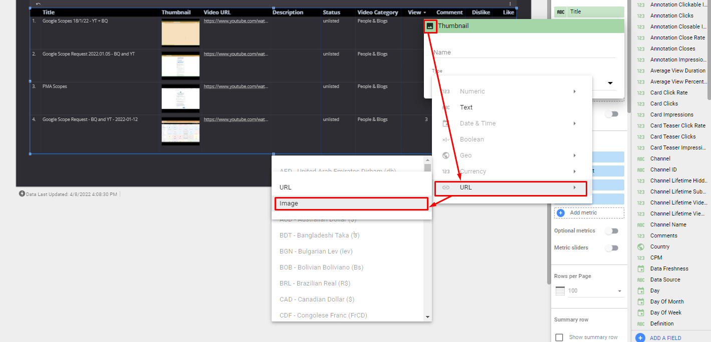 The menu option in Looker Studio to select images to display as thumbnails.