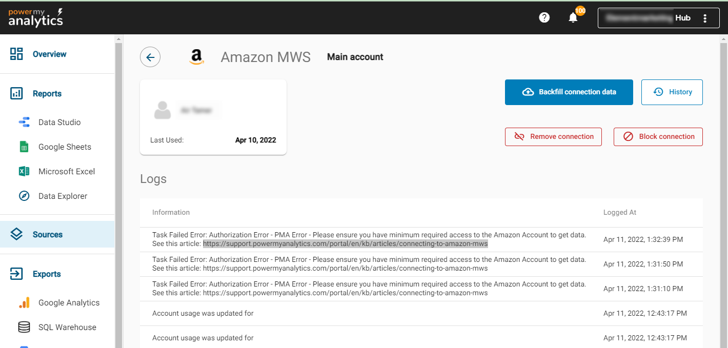 The Logs page under the Sources section in the PMA hub, showing error messages for an Amazon account.