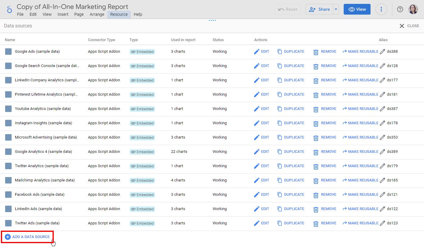 The data sources in a Looker Studio report, with the option to add a data source selected.