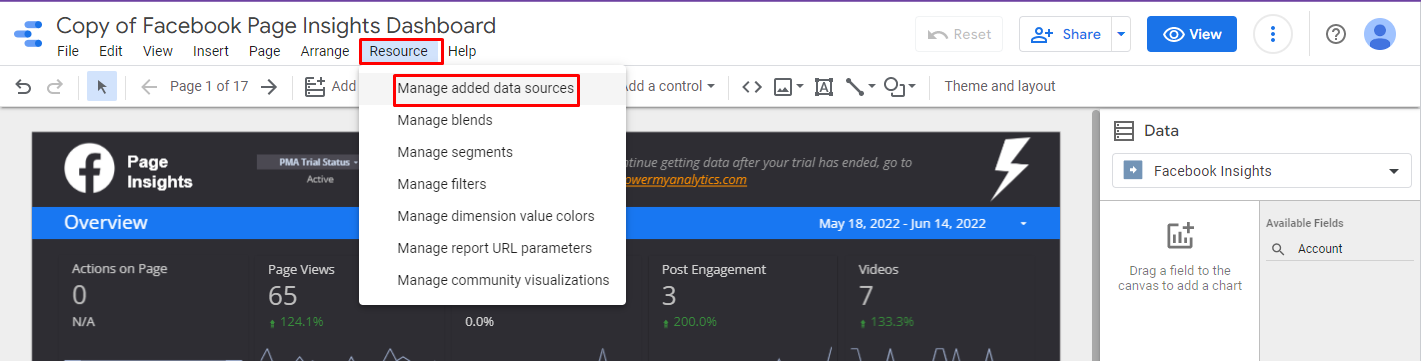 The menu option to manage added data sources in Looker Studio.