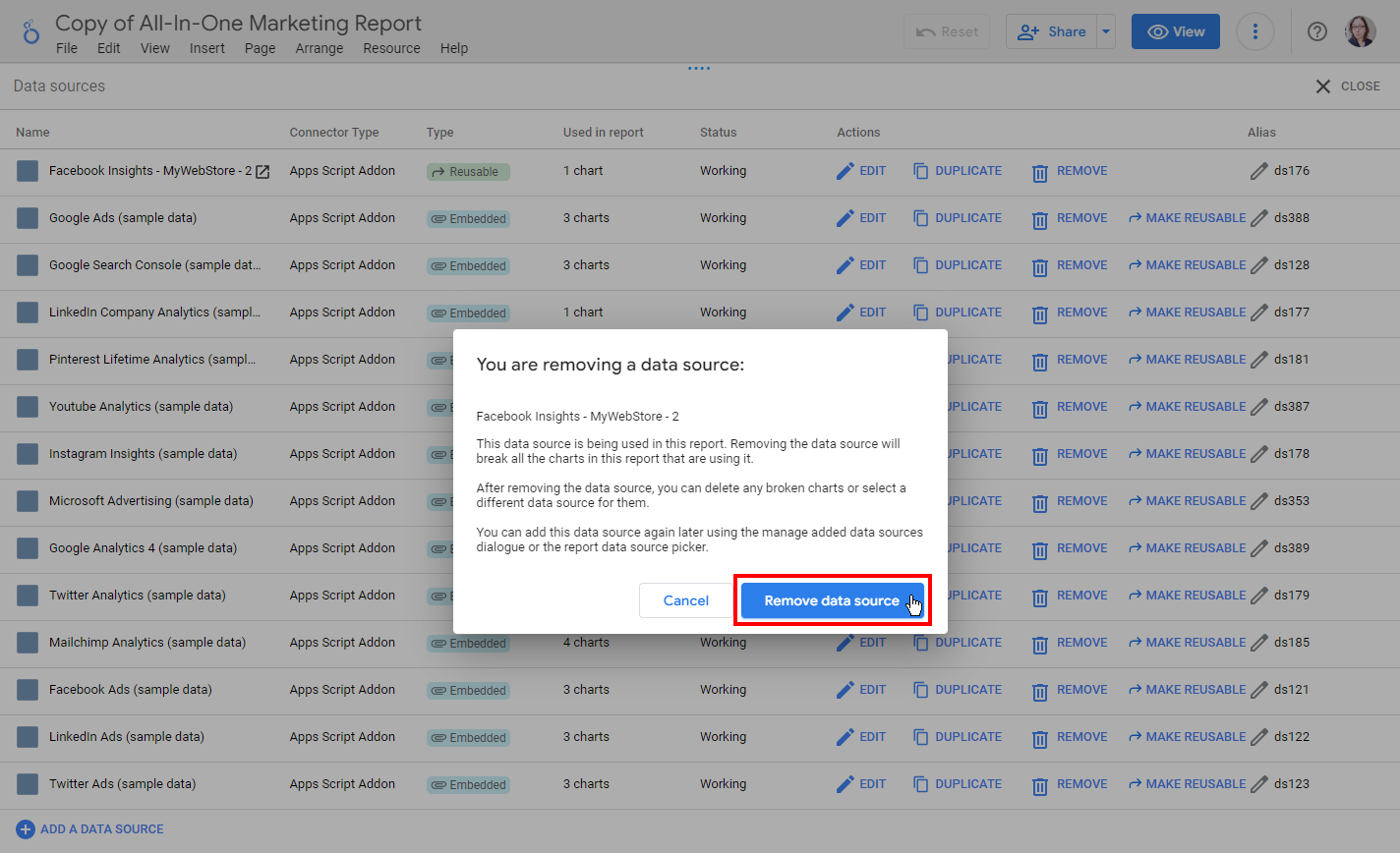 The dialog box to confirm you want to remove the data source.