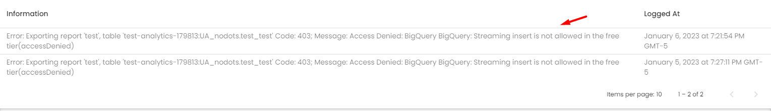 The error log for BigQuery in your PMA hub.