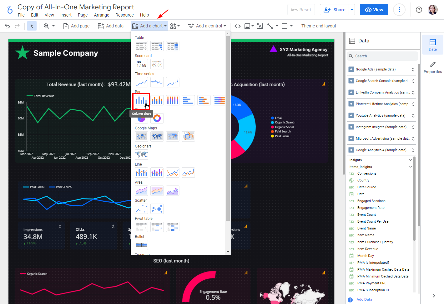 The Add a chart menu opened in a Looker Studio report, with the option to pick a bar chart.