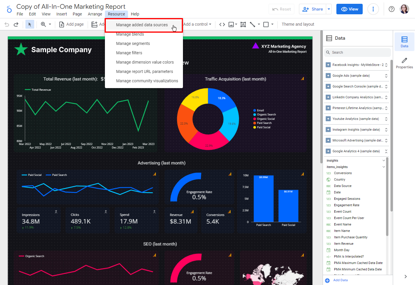 The Resource menu in Looker Studio with Manage added data sources highlighted.