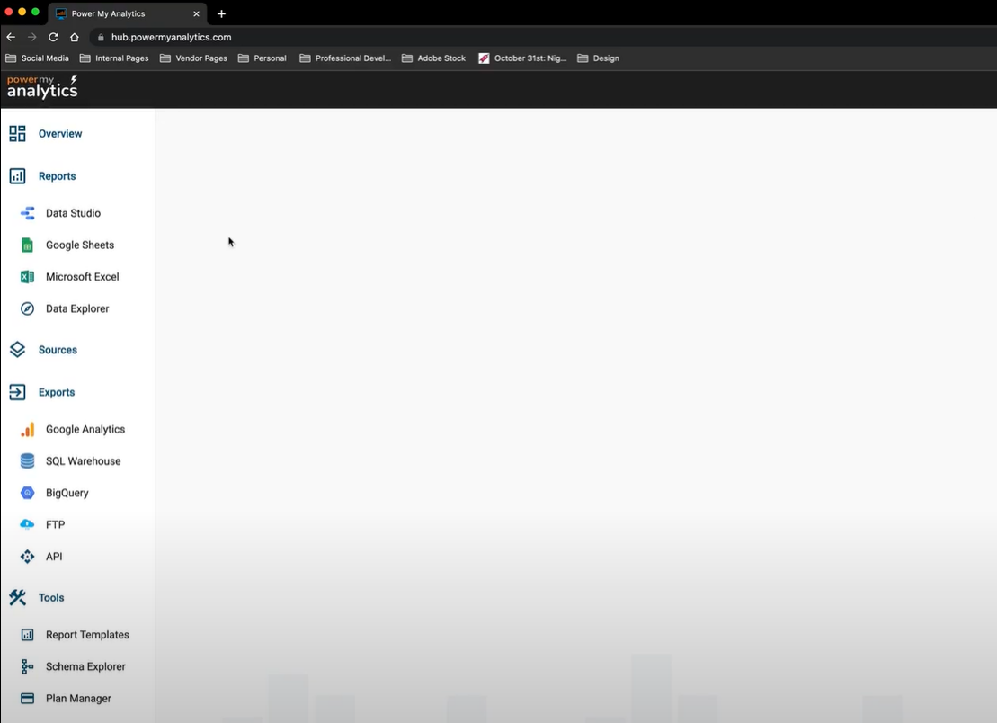 A screenshot of the PMA hub showing the left sidebar and a blank screen.