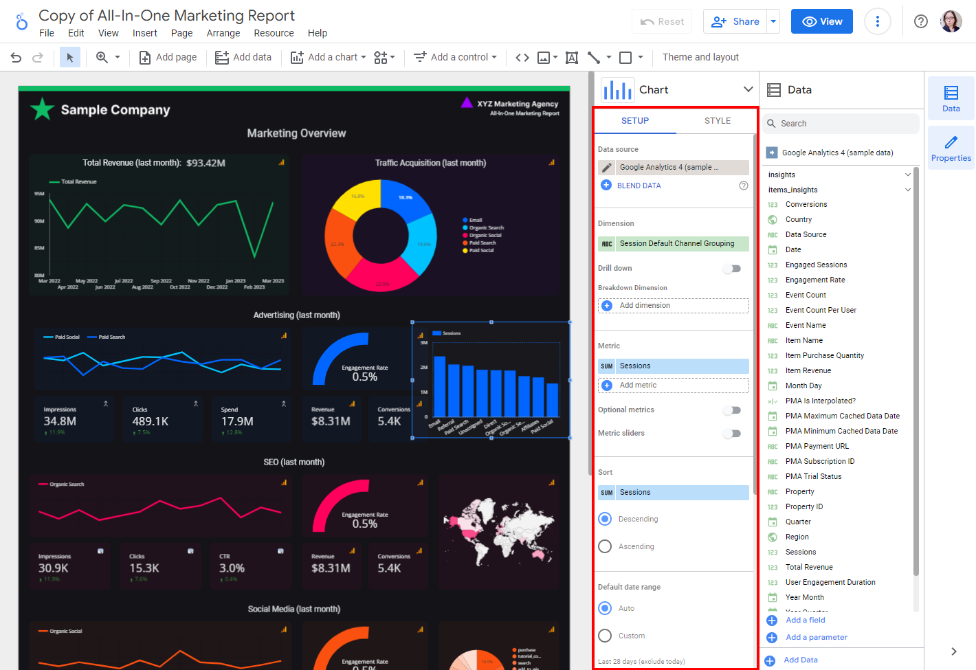 The Setup sidebar on the right side of Looker Studio for a chart.