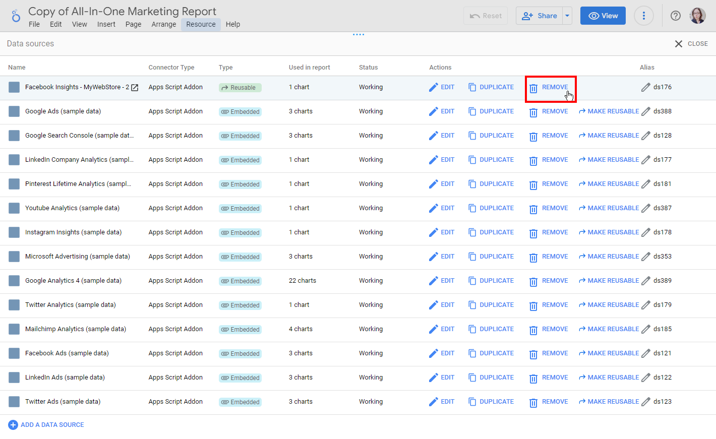 The list of data sources in a Looker Studio report, with the option to remove one of them highlighted.