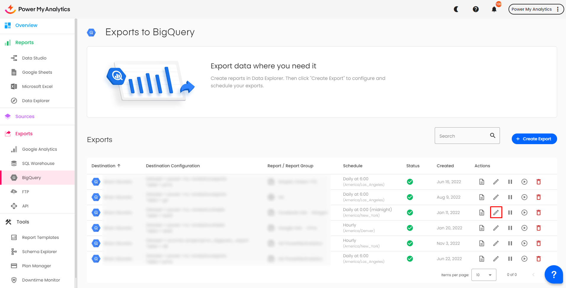 The BigQuery section of your PMA hub, highlighting the pencil icon to edit one of the exports.