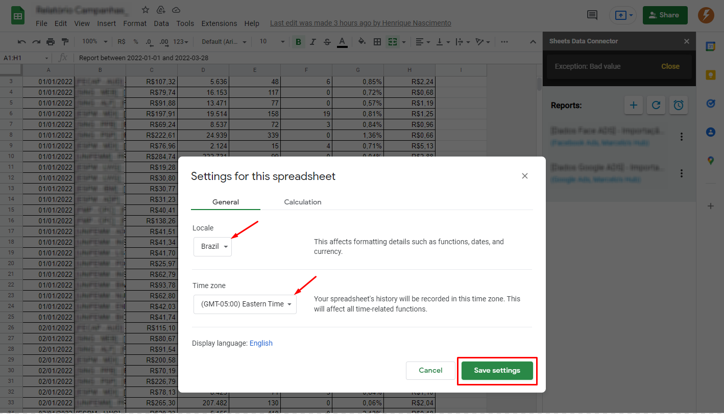 The settings section of the Google Sheets spreadsheet.