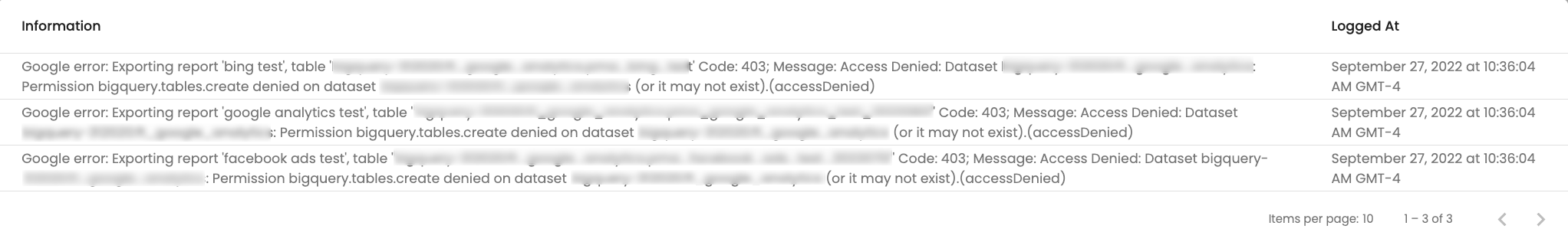 The error log for BigQuery in your PMA hub.