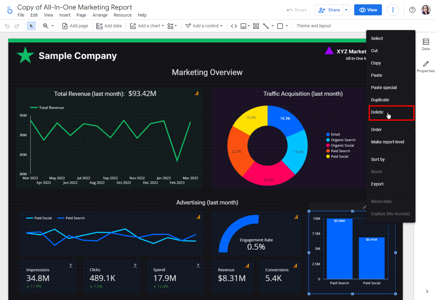 The menu that appears when you right click on an element in Looker Studio, with the Delete option highlighted.