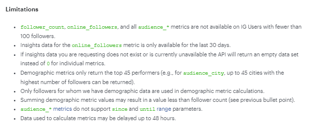 List of limitations of the Instagram Insights API.