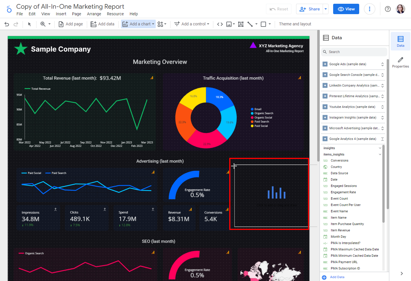 Placing the new chart in the Looker Studio report.