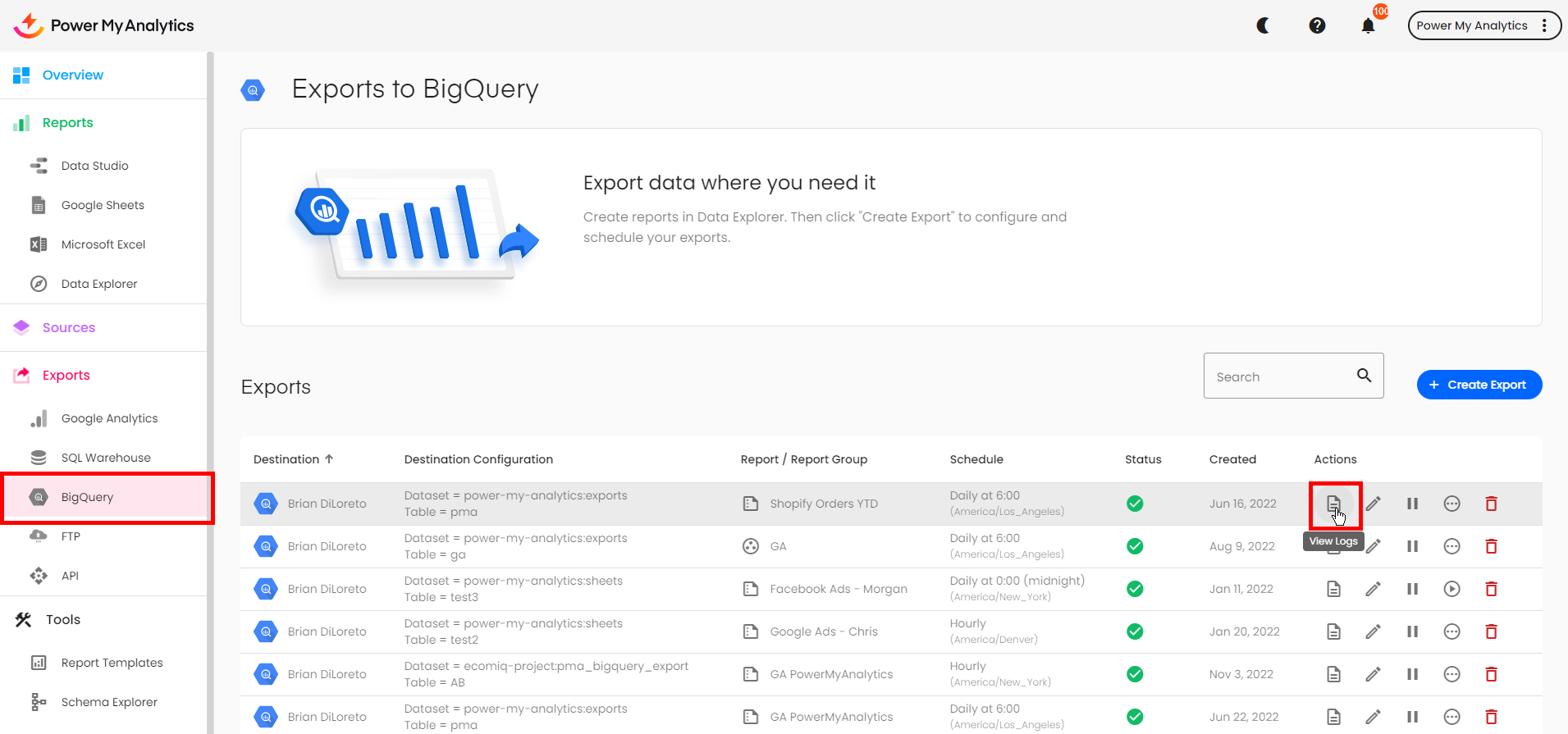 The BigQuery section of the Power My Analytics hub, under Exports.